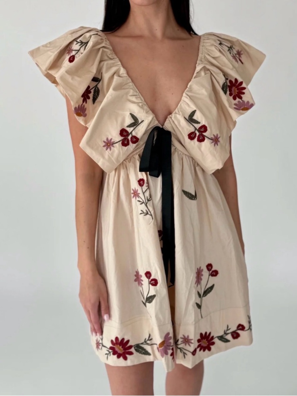 Cream Floral Embroidered Tie-Front Mini Dress